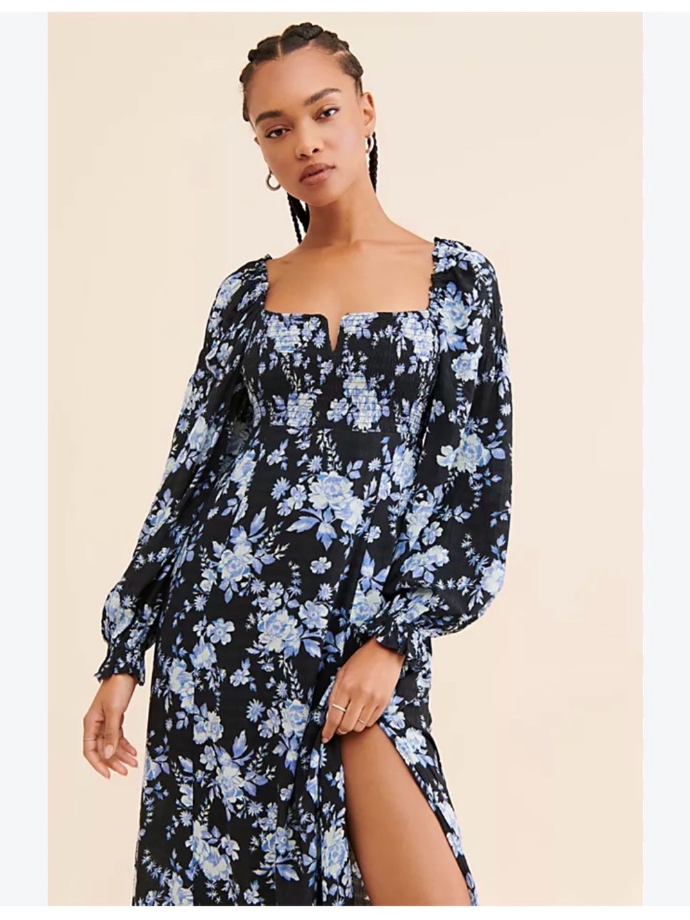 Free People Black Maxi Dress with Blue Floral Print